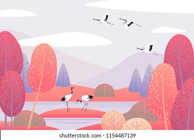 Nature background with wetland landscape and japanese cranes. Autumn scene with simple plants, trees, mountains, clouds and birds.  Vector flat illustration. 