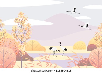 Nature background with wetland scene and Japanese red-crowned cranes. Autumn landscape with mountains, trees, reed and birds.  Vector flat naive illustration. 