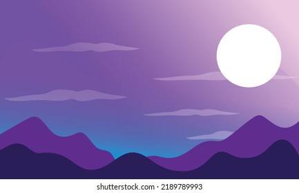 Nature background with white moon and purple hills. silhouette landscape. purple sky vector.