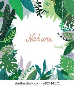 Nature background with wild plants - frame design, vector graphic illustration