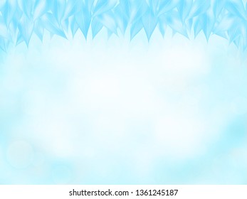 Nature background in winter colors. Icy blue leaves frame behind blurred forest, with bokeh light effect. Empty space for the text.