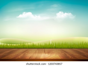 Nature background with wooden deck in front of green grass and blue sky, Vector.