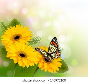 Nature background with yellow beautiful flowers and butterfly. Vector illustration