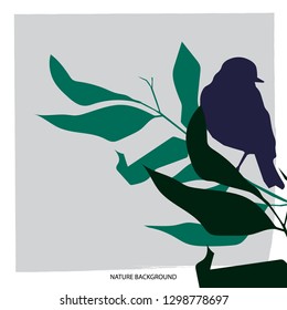 Nature background for your design. Simple illustration with bird and leaves. 