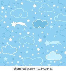 Nature backgrounds. Blue Sky with clouds, stars and comet. Endless vector pattern. 