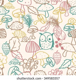 Nature backgrounds. Mushroom, tree, animals, plants. Endless pattern. Surface design