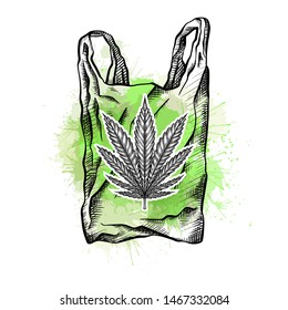 Nature bag with hatching, marijuana leaf and green watercolor splashes. Eco friendly bag zero waste. Recycled waste. Ecological problem. Vector  drawing for your creativity.