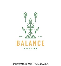 nature balance water mountain flower plant line minimal logo design vector icon illustration template