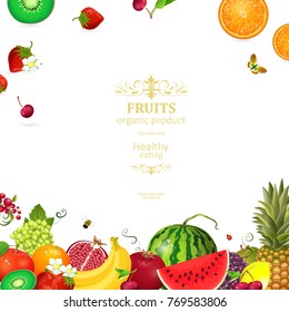nature banner with delicious set of fresh fruits and berries for your design