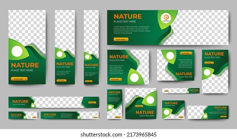 Nature banner design web template Set, Horizontal header web banner. Modern Gradient green cover header background for website design, Social Media Cover ads banner, flyer, invitation card
