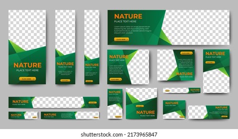 Nature banner design web template Set, Horizontal header web banner. Modern Gradient green cover header background for website design, Social Media Cover ads banner, flyer, invitation card
