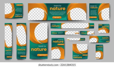 Nature banner design web template Set, Horizontal header web banner. Modern Gradient green cover header background for website design, Social Media Cover ads banner, flyer, invitation card
