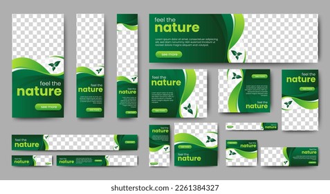 Plantilla web de diseño de banner de naturaleza Set, banner web de encabezado horizontal. Fondo de encabezado de cubierta verde degradado moderno para diseño de sitios web, banner de anuncios de cubierta de medios sociales, volante, tarjeta de invitación