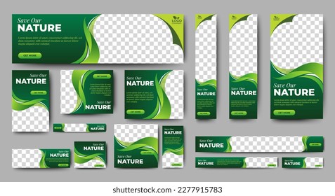 Nature banner design web template Set, Horizontal header web banner. Modern Gradient green cover header background for website design, Social Media Cover ads banner, flyer, invitation card