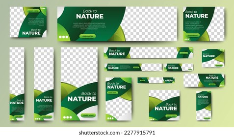 Nature banner design web template Set, Horizontal header web banner. Modern Gradient green cover header background for website design, Social Media Cover ads banner, flyer, invitation card