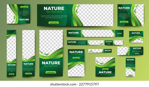 Nature banner design web template Set, Horizontal header web banner. Modern Gradient green cover header background for website design, Social Media Cover ads banner, flyer, invitation card