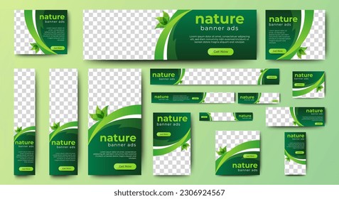 Nature banner design web template Set, Horizontal header web banner. Modern Gradient green cover header background for website design, Social Media Cover ads banner, flyer, invitation card