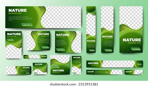 Plantilla web de diseño de banner de naturaleza Set, banner web de encabezado horizontal. Fondo de encabezado de cubierta verde degradado moderno para diseño de sitios web, banner de anuncios de cubierta de medios sociales, volante, tarjeta de invitación
