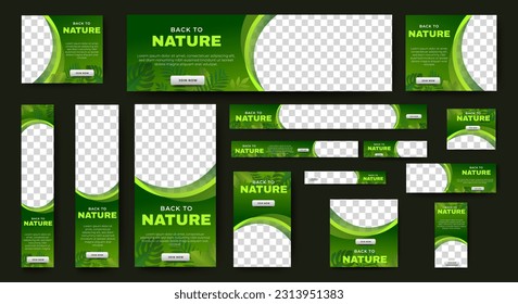 Nature banner design web template Set, Horizontal header web banner. Modern Gradient green cover header background for website design, Social Media Cover ads banner, flyer, invitation card
