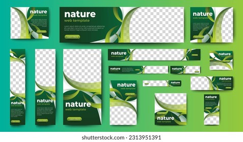 Nature banner design web template Set, Horizontal header web banner. Modern Gradient green cover header background for website design, Social Media Cover ads banner, flyer, invitation card
