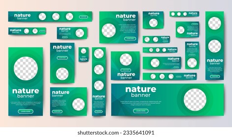 Nature banner design web template Set, Horizontal header web banner. Modern Gradient green cover header background for website design, Social Media Cover ads banner, flyer, invitation card