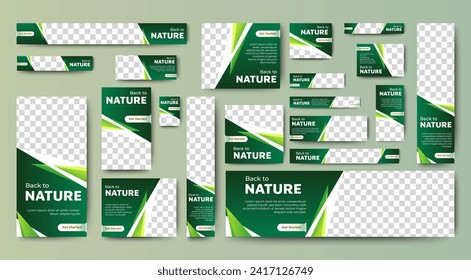 Plantilla web de diseño de banner de naturaleza Set, banner web de encabezado horizontal. Fondo de encabezado de cubierta verde degradado moderno para diseño de sitios web, banner de anuncios de cubierta de medios sociales, volante, tarjeta de invitación