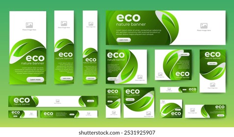 Naturaleza Anuncio diseño Web Plantilla Set, cabezal Horizontal Web Anuncio. Fondo verde moderno del encabezado de la cubierta del gradiente para el diseño del Sitio web, Anuncio de anuncios de la cubierta de las redes sociales, volante, tarjeta de invitación
