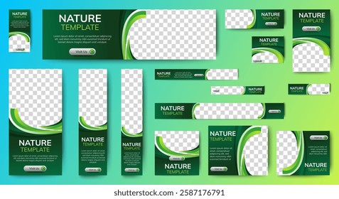 Nature banner design web template Set, Horizontal header web banner. Modern Gradient green cover header background for website design, Social Media Cover ads banner, flyer, invitation card