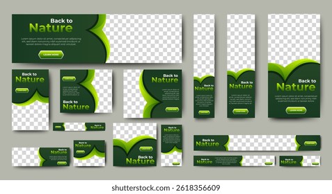 Naturaleza Anuncio diseño Web Plantilla Set, cabezal Horizontal Web Anuncio. Fondo verde moderno del encabezado de la cubierta del gradiente para el diseño del Sitio web, Anuncio de anuncios de la cubierta de las redes sociales, volante, tarjeta de invitación