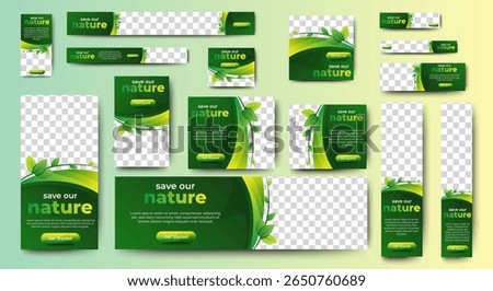 Nature banner design web template Set, Horizontal header web banner. Modern Gradient green cover header background for website design, Social Media Cover ads banner, flyer, invitation card