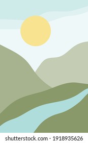 Nature banner in flat boho style. Illustration of a river among mountains and green plains in sunny weather. Vector image of abstract art, landscape background, color poster in minimalism style.