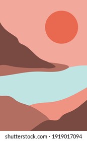 Nature banner in flat boho style. Illustration of a lake among the mountains in brown and terracotta colors with an orange sun. Color poster in minimalism style, vector image of abstract landscape art