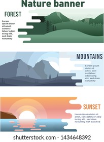 Nature banner in flat style: forest, mountains and beach