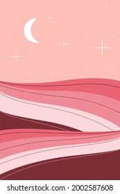 Nature banner mountains at night. Illustration of a night landscape with relief and a starry sky in delicate pink tones, smooth lines. Vector image abstract art, minimalist poster. Flat boho style.