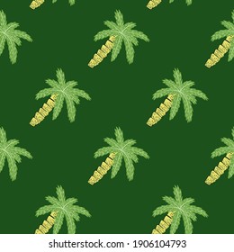 Nature beach seamless pattern with doodle palm tree ornament. Green palette artwork. Jungle backdrop. Flat vector print for textile, fabric, giftwrap, wallpapers. Endless illustration.