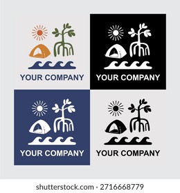 Design de logotipo temático natureza e praia conjunto com sol, tenda, palmeira, e elementos de ondas oceânicas. Esta coleção de logotipo minimalista e moderno vem em várias variações de cor de fundo, ideal para marca da empresa, negócios de viagens, turismo de natureza, resorts de praia, camping, aventuras ao ar livre, ou start-ups criativas. Design vetorial simples e limpo que é versátil, escalável e fácil de personalizar para várias necessidades de identidade visual