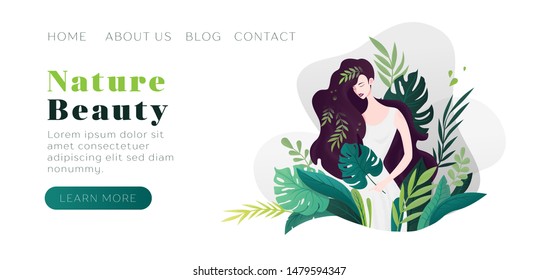 Nature beauty girl. Vector modern abstract illustration for website and mobile website development. Green leaves, natural products, cosmetics, body care, healthy life