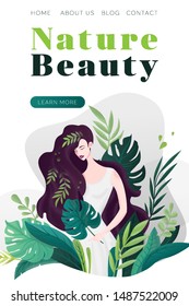 Nature beauty girl. Vector modern abstract illustration for website and mobile website development. Green leaves, natural products, cosmetics, body care, healthy life
