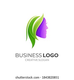 nature beauty logo, woman and leaf, combination logo with 3d purple and green color style
