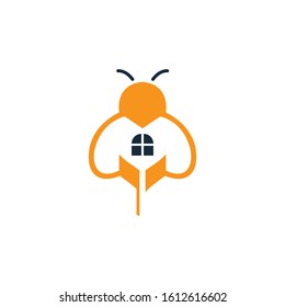 Nature Bee Honey Logo Vector,Abstract bee logo with simple line style,bee and home logo, Creative Hard work Hive Logotype concept