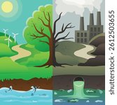 Nature before and after pollution. Ecology. Vector illustration.