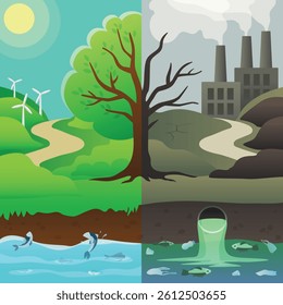 Nature before and after pollution. Ecology. Vector illustration.