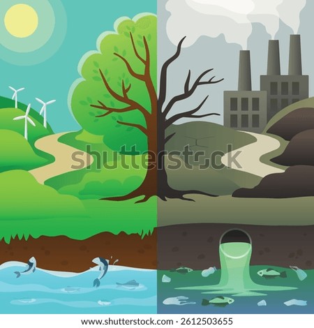 Nature before and after pollution. Ecology. Vector illustration.