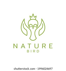 Nature bird crown logo with wings leaf line outline monoline icon