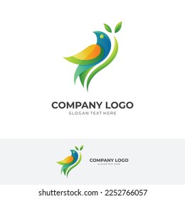 nature bird logo design, bird and leaf combination logo with 3d colorful style