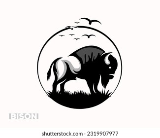 nature bison with grass and flying bird in circle frame logo design template illustration inspiration
