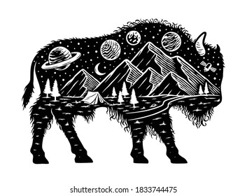 Nature and bison silhouette illustration