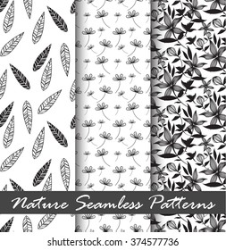 nature black and white vector seamless patterns . Endless texture can be used for wallpaper, pattern fills, web page background,surface textures