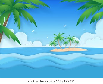 Nature blue seascape view on the beach looking to the island in the ocean ,sea wave, coconut trees, clouds, blue sky and birds in summer day. Vector paper art concept.