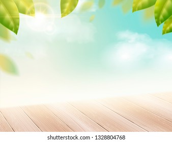 Nature blue sky with green leaves frame and wooden table in 3d illustration